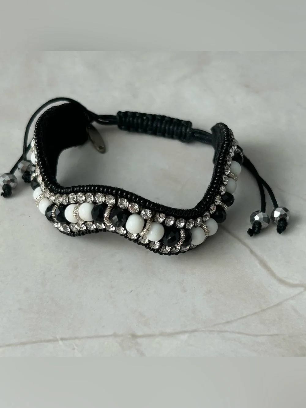 Beaded Black and White Macramé Bracelet with Crystal Accents